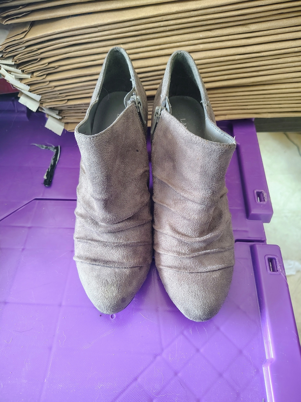 Laura Ashley Taupe Suede Ruching Ankle Booties